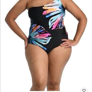 La Blanca Womens Plus Size Prism Palm One Shoulder One Piece Swimsuit size 20W